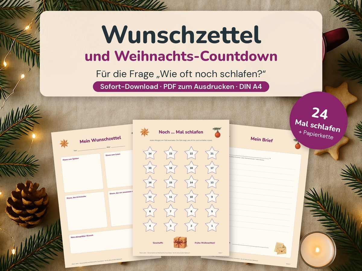 Wunschzettel und Weihnachts-Countdown – Vorlage zum Ausdrucken