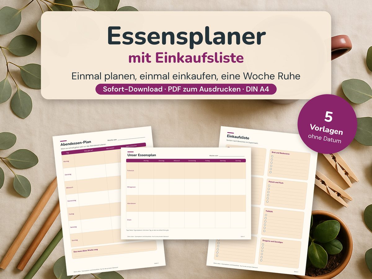 Essensplaner und Einkaufsliste – Vorlage zum Ausdrucken