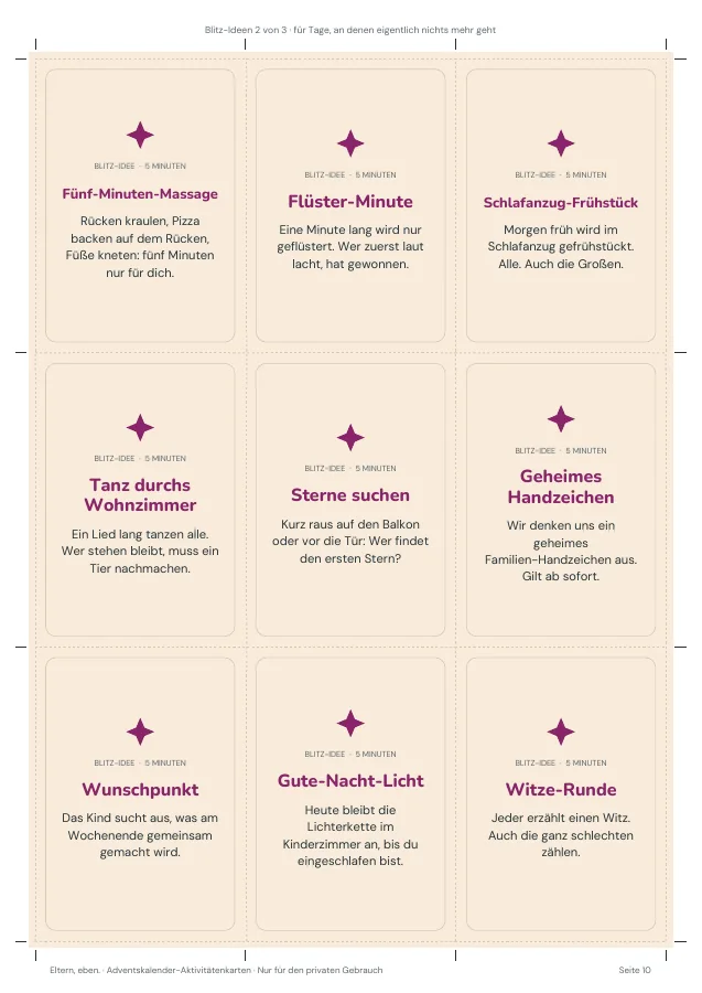 Adventskalender-Aktivitätenkarten — Seite 10. PDF-Inhalt: Deutsch. Die Vorschauseiten zeigen das unveränderte Original.