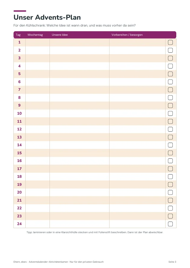 Adventskalender-Aktivitätenkarten — Seite 3. PDF-Inhalt: Deutsch. Die Vorschauseiten zeigen das unveränderte Original.