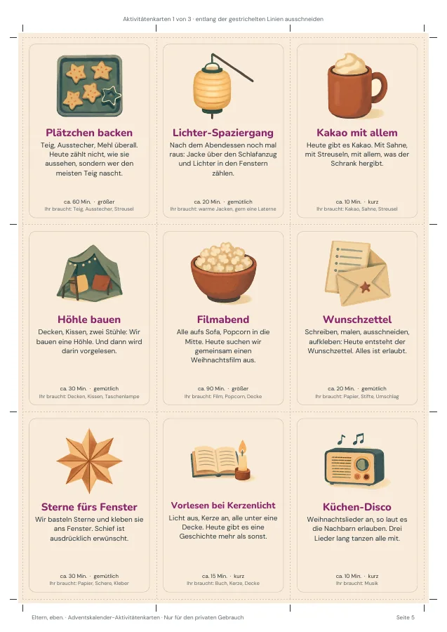 Adventskalender-Aktivitätenkarten — Seite 5. PDF-Inhalt: Deutsch. Die Vorschauseiten zeigen das unveränderte Original.
