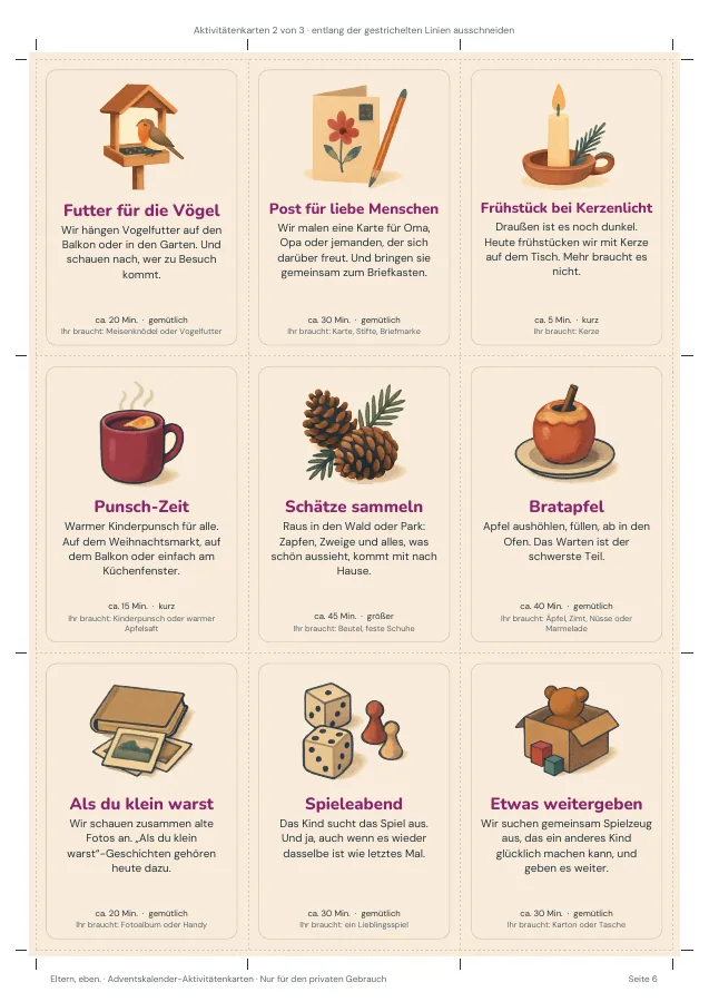 Adventskalender-Aktivitätenkarten — Seite 6. PDF-Inhalt: Deutsch. Die Vorschauseiten zeigen das unveränderte Original.