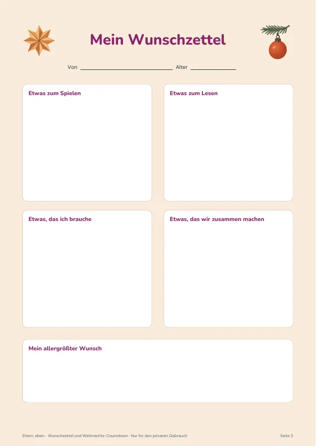 Wunschzettel & Weihnachts-Countdown — Seite 3. PDF-Inhalt: Deutsch. Die Vorschauseiten zeigen das unveränderte Original.