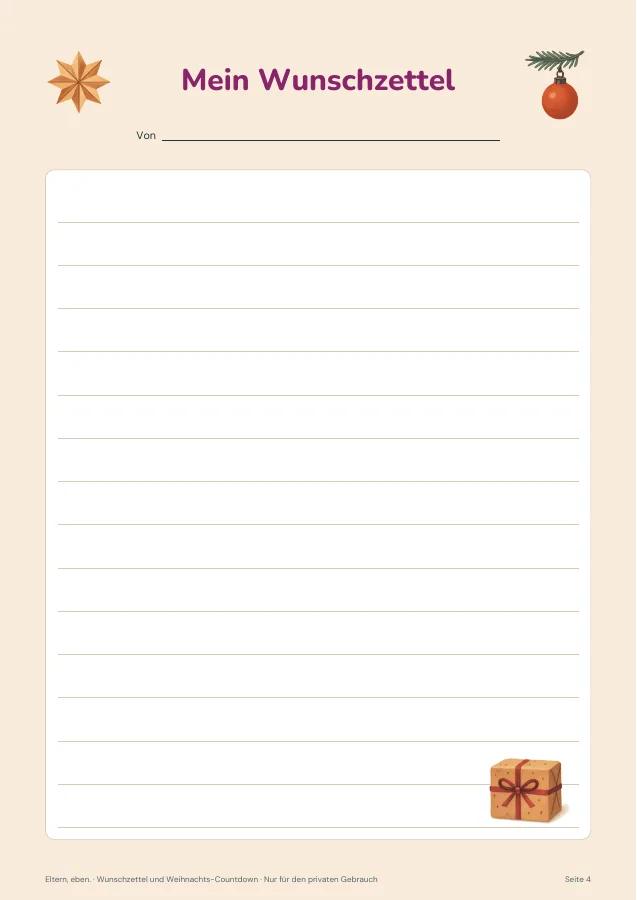 Wunschzettel & Weihnachts-Countdown — Seite 4. PDF-Inhalt: Deutsch. Die Vorschauseiten zeigen das unveränderte Original.