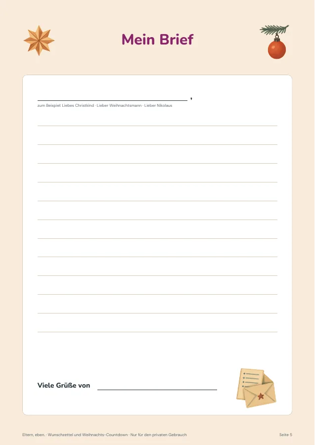 Wunschzettel & Weihnachts-Countdown — Seite 5. PDF-Inhalt: Deutsch. Die Vorschauseiten zeigen das unveränderte Original.