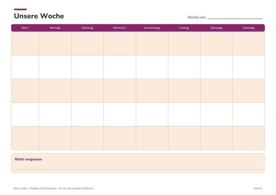 Familien-Wochenplaner — Seite 3. PDF-Inhalt: Deutsch. Die Vorschauseiten zeigen das unveränderte Original.