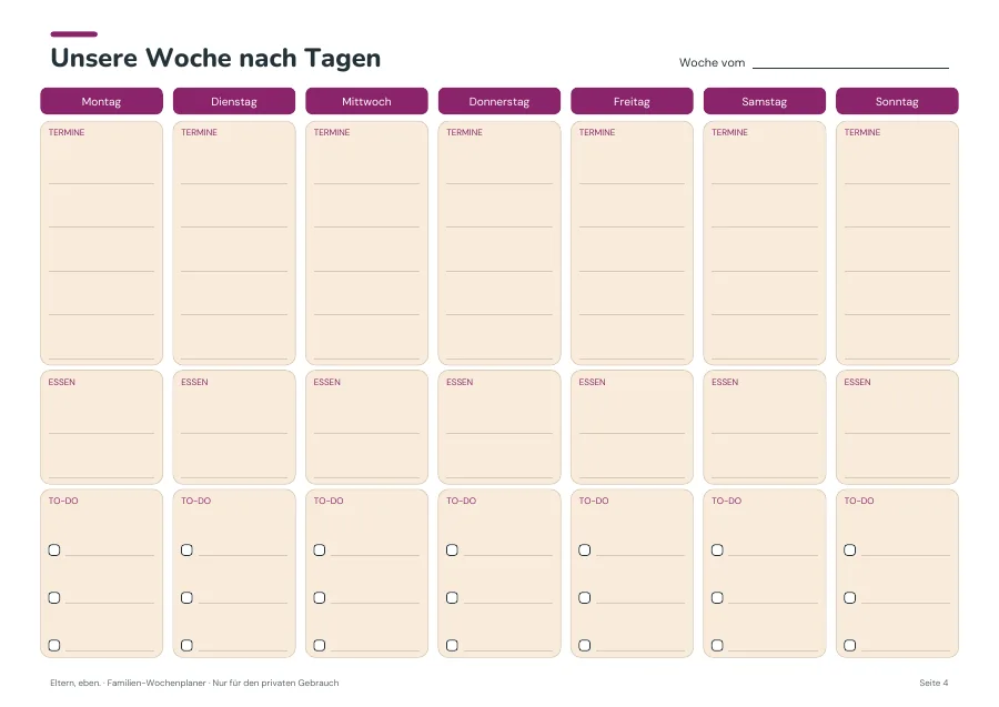 Familien-Wochenplaner — Seite 4. PDF-Inhalt: Deutsch. Die Vorschauseiten zeigen das unveränderte Original.