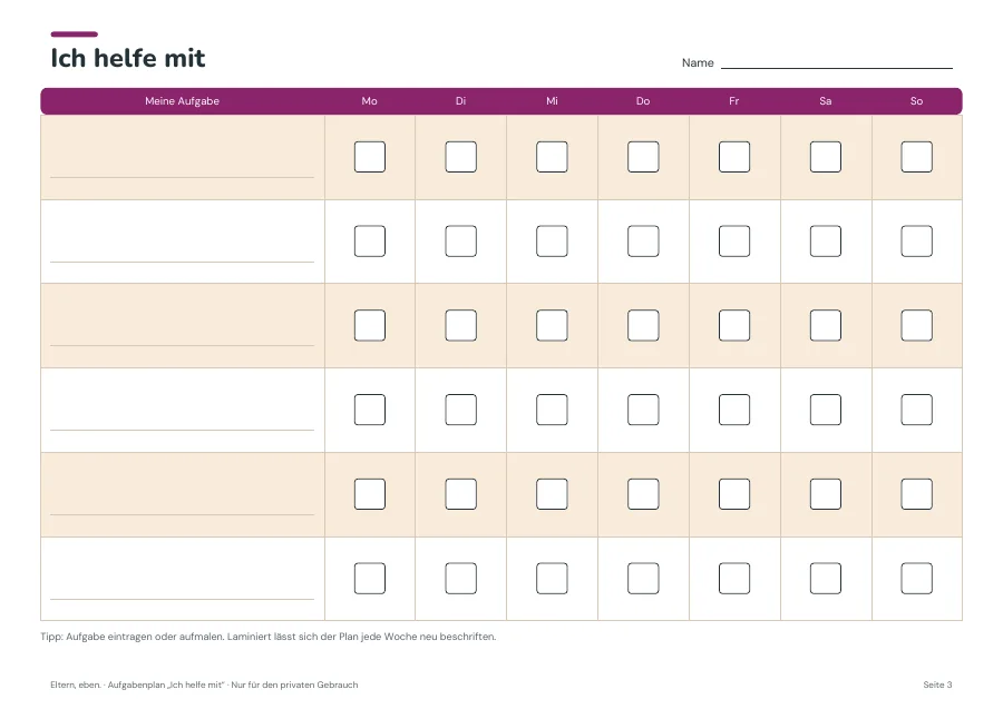 Aufgabenplan „Ich helfe mit“ — Seite 3. PDF-Inhalt: Deutsch. Die Vorschauseiten zeigen das unveränderte Original.