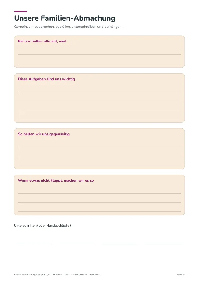 Aufgabenplan „Ich helfe mit“ — Seite 6. PDF-Inhalt: Deutsch. Die Vorschauseiten zeigen das unveränderte Original.