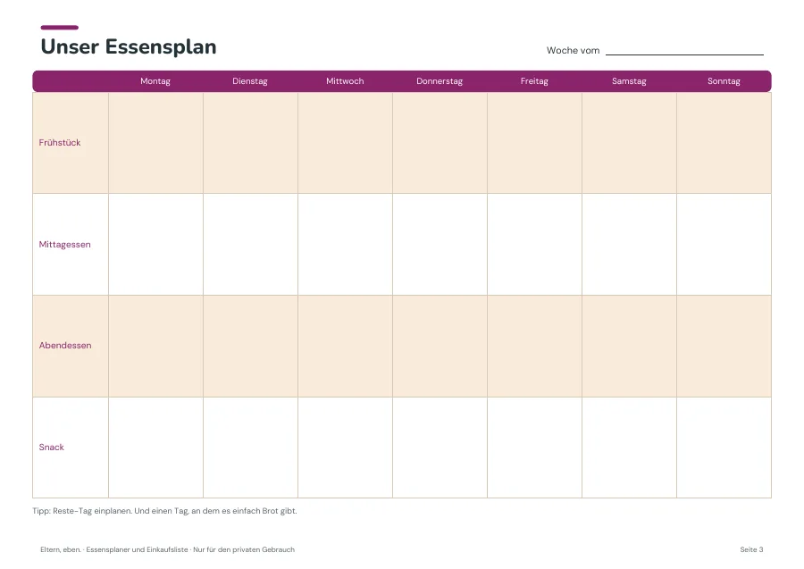 Essensplaner & Einkaufsliste — Seite 3. PDF-Inhalt: Deutsch. Die Vorschauseiten zeigen das unveränderte Original.