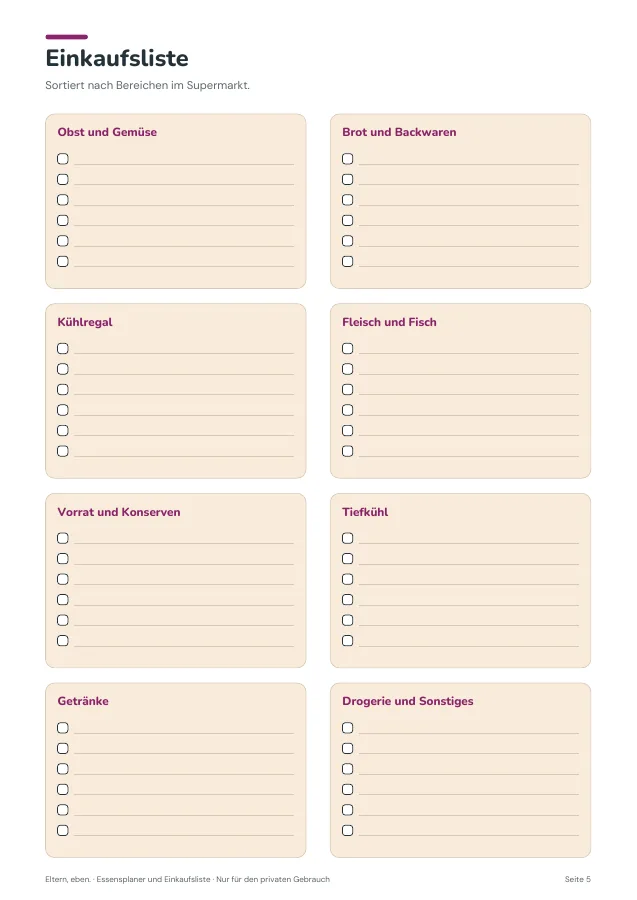 Essensplaner & Einkaufsliste — Seite 5. PDF-Inhalt: Deutsch. Die Vorschauseiten zeigen das unveränderte Original.