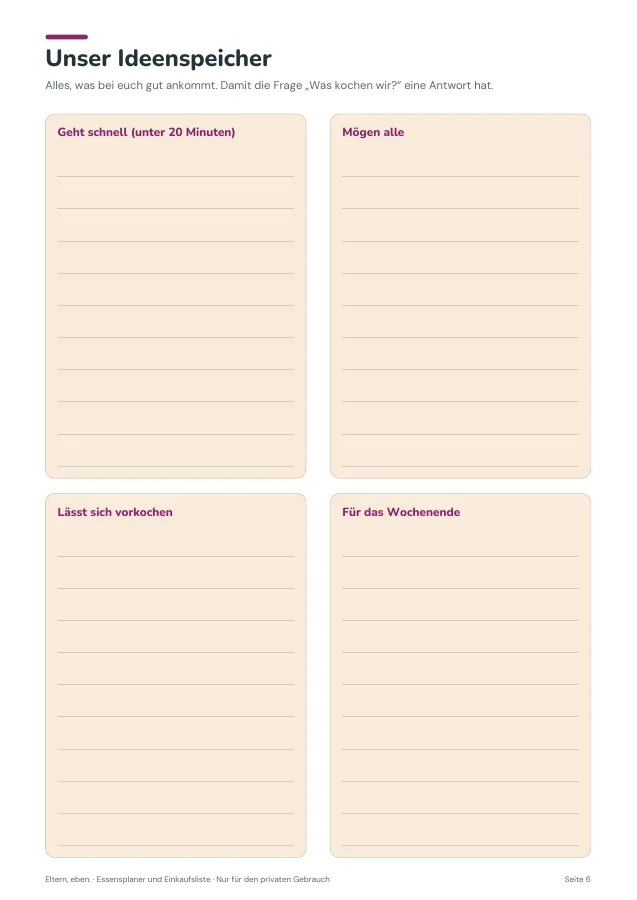 Essensplaner & Einkaufsliste — Seite 6. PDF-Inhalt: Deutsch. Die Vorschauseiten zeigen das unveränderte Original.