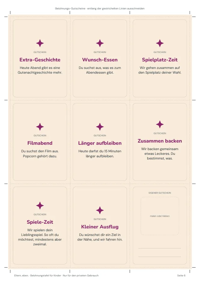 Belohnungstafel — Seite 6. PDF-Inhalt: Deutsch. Die Vorschauseiten zeigen das unveränderte Original.