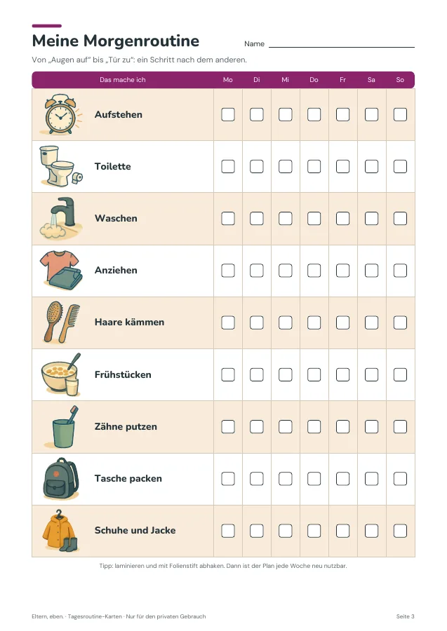 Tagesroutine-Karten — Seite 3. PDF-Inhalt: Deutsch. Die Vorschauseiten zeigen das unveränderte Original.