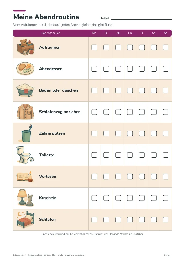 Tagesroutine-Karten — Seite 4. PDF-Inhalt: Deutsch. Die Vorschauseiten zeigen das unveränderte Original.