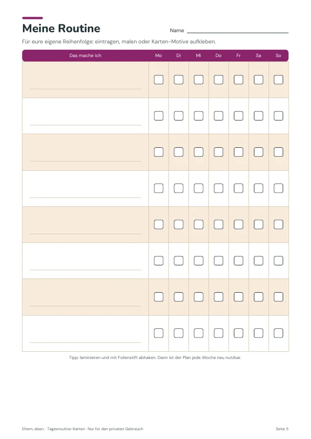 Tagesroutine-Karten — Seite 5. PDF-Inhalt: Deutsch. Die Vorschauseiten zeigen das unveränderte Original.