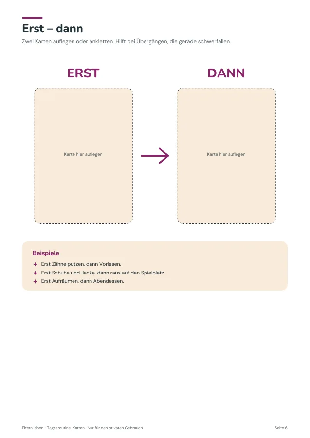Tagesroutine-Karten — Seite 6. PDF-Inhalt: Deutsch. Die Vorschauseiten zeigen das unveränderte Original.