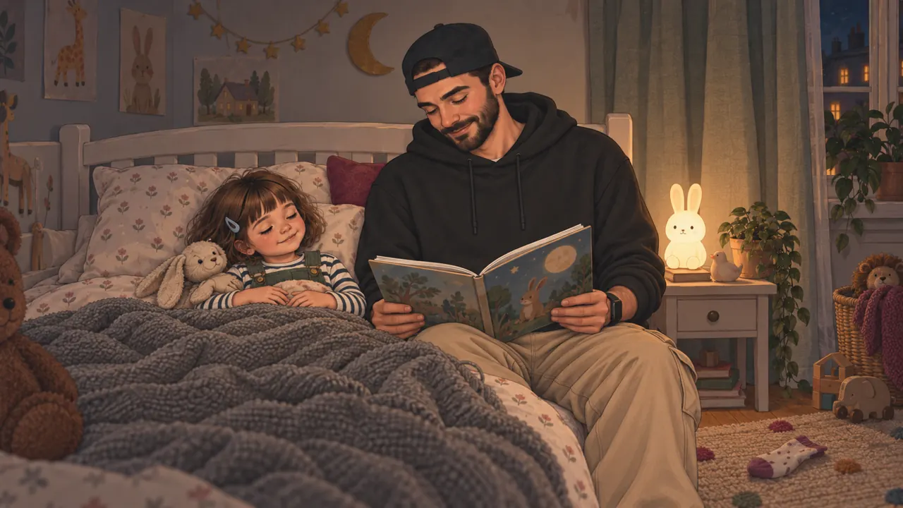 Papá le lee un cuento a Mila junto a la cama.