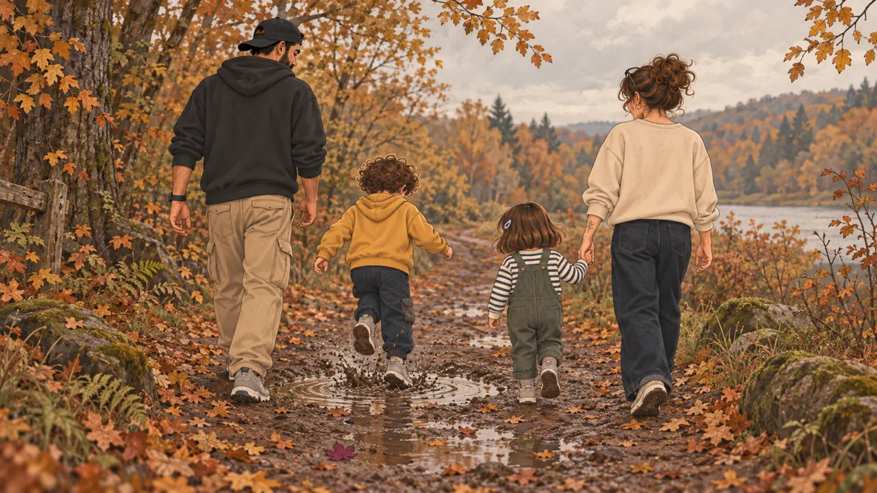 Mamá, papá, Mila y Theo pasean por un camino en otoño.
